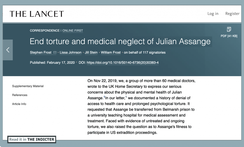 The Lancet: “End torture and medical neglect of Julian Assange” – 117 doctors demand